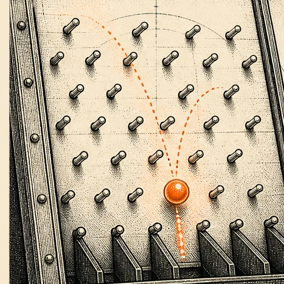 A ball bouncing down a pegboard