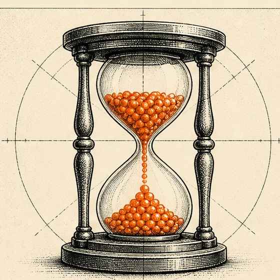 An hourglass filled with orange balls